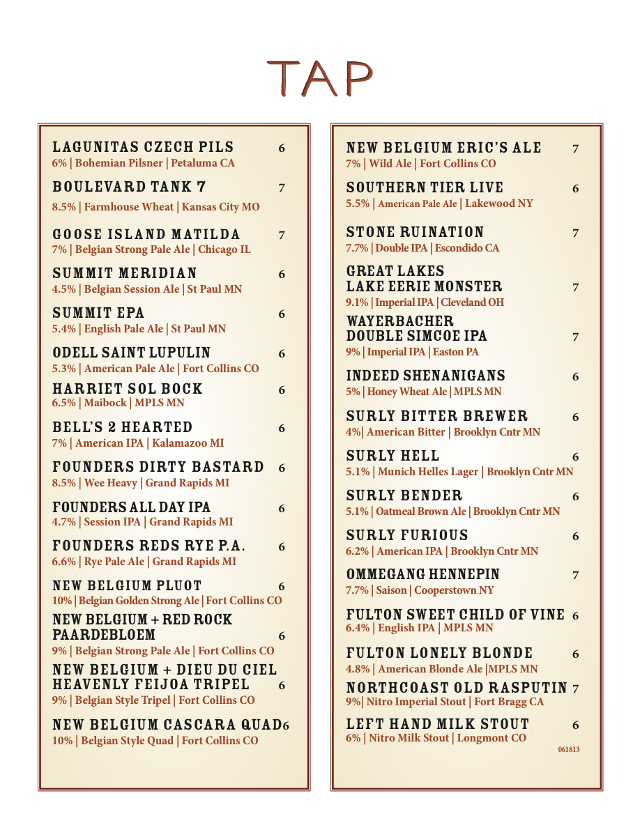 Butcher and The Boar Beer Menu