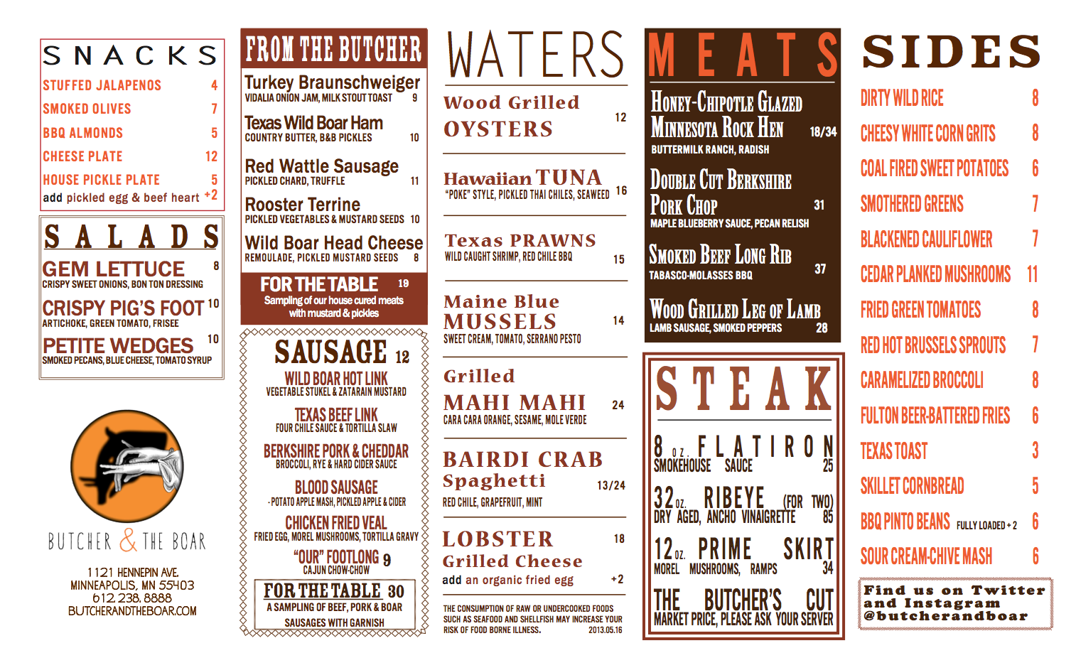 Butcher and The Boar current dinner menu