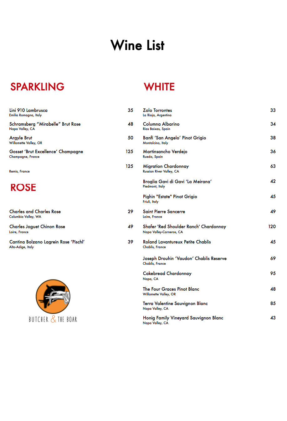 Butcher and The Boar bottle wine list