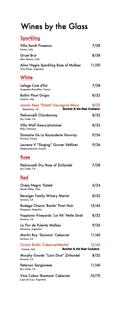 Butcher and The Boar wine by the glass menu